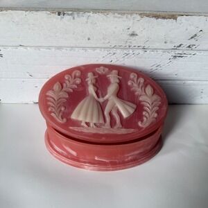 Vintage Pink Soapstone-Like Box Colonial Couple Dancing Hearts Cameo Style